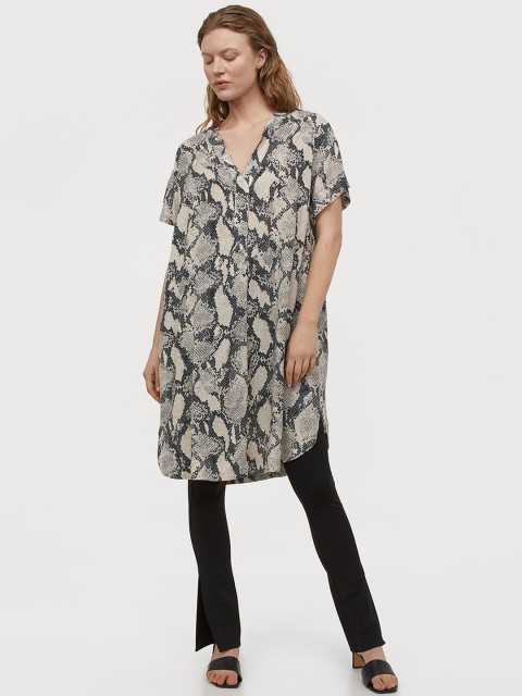 

H&M Women Beige & Black Animal Print V-Neck Dress