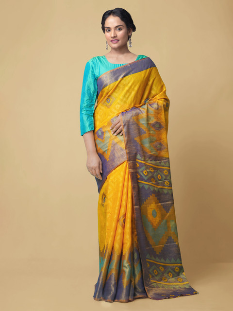 

Unnati Silks Yellow Silk Cotton Printed Chanderi Saree