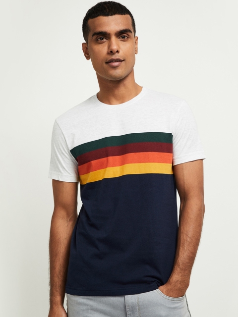 

max Men White & Navy Blue Striped Round Neck T-shirt