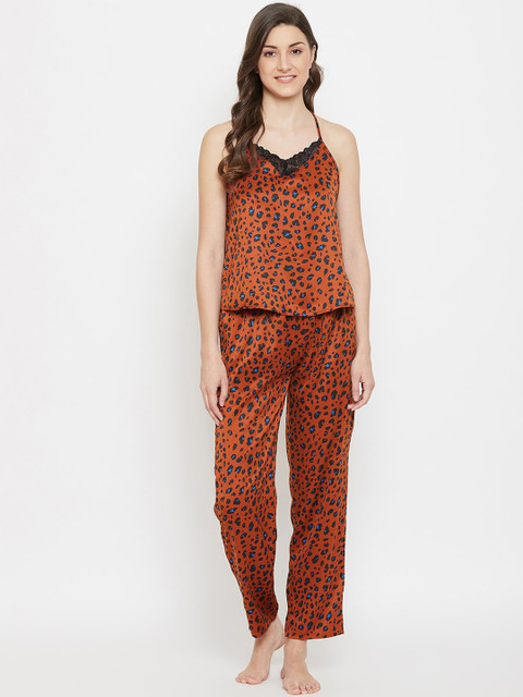 

Clovia Women Brown Animal Print Halter-Neck Cami Top & Pyjama Set