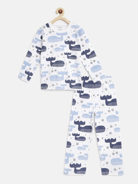 berrytree Unisex Kids Whie Animal Sustainable Night suit Blue Whales, White