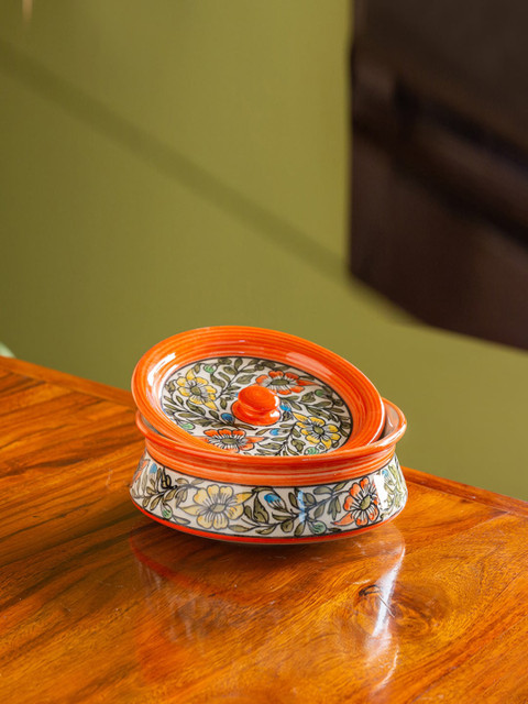 

ExclusiveLane Off-White & Orange Handpainted Ceramic Handi With Lid
