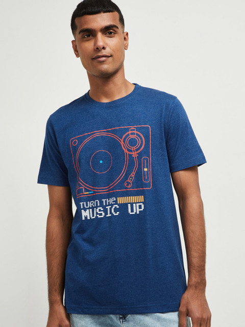 

max Men Blue Printed Round Neck T-shirt