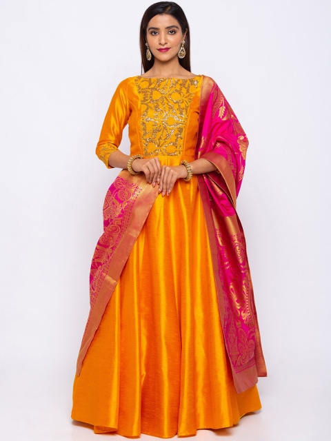

6Y COLLECTIVE Women Mustard Yellow Embroidered Maxi Dress
