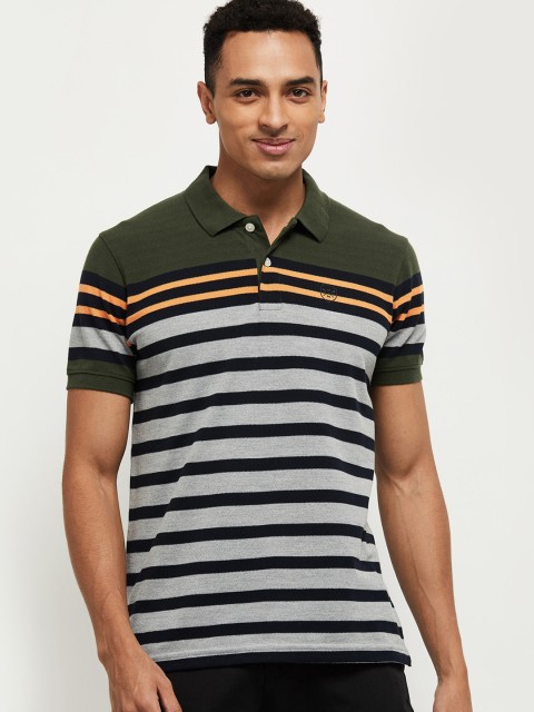 

max Men Green & Grey Striped Polo Collar T-shirt