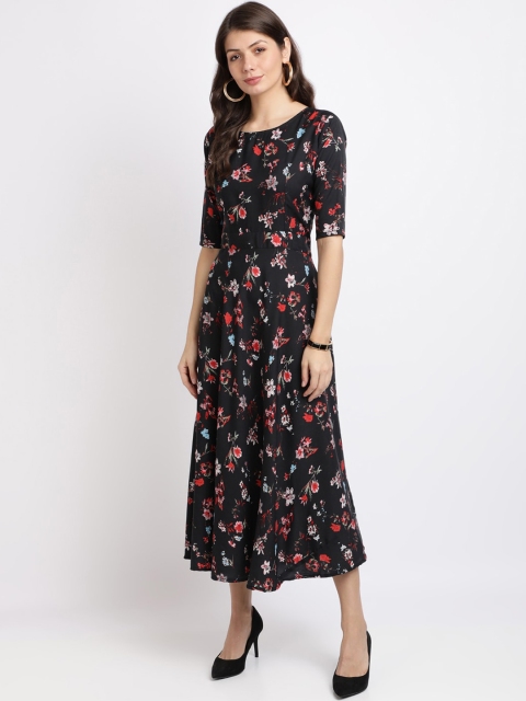

SAADHVI Women Black & Pink Floral Printed Fit and Flare Dress