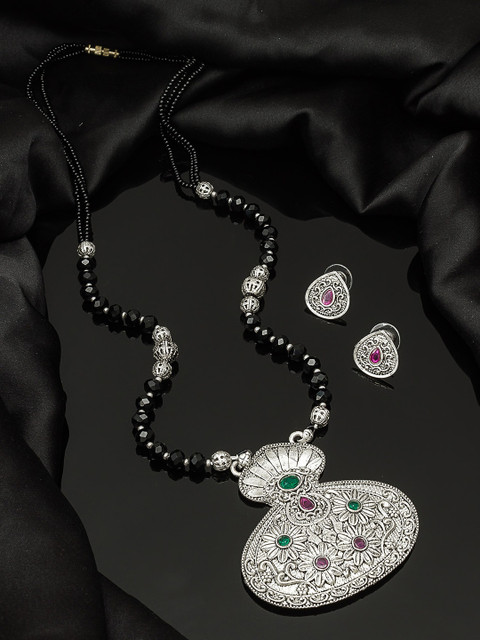 

aadita Oxidized Silver-Toned & Black Stone-Studded Tribal Mangalsutra With Earrings