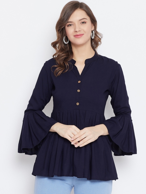 

Baani Creations Navy Blue Mandarin Collar Bell Sleeves A-Line Top