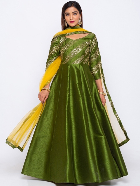 

6Y COLLECTIVE Women Olive Green Embellished Ethnic Maxi Dress With Dupatta
