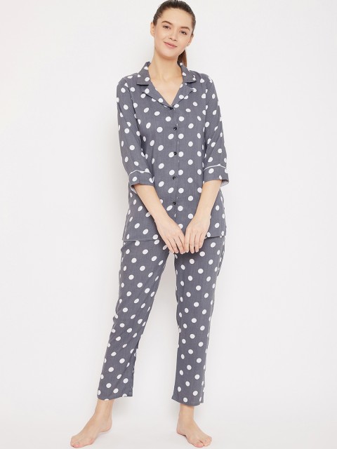 

Baani Creations Women Grey & White Polka Dots Printed Shirt And Pyjamas