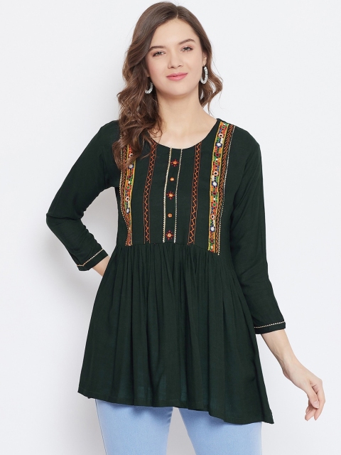 

Baani Creations Green Geometric Embroidered Cinched Waist Top