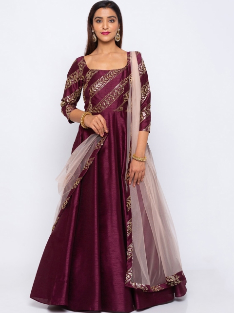 

6Y COLLECTIVE Women Burgundy Self Design Maxi Dress