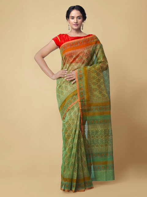 

Unnati Silks Green & Orange Net Printed Handloom Patola Saree