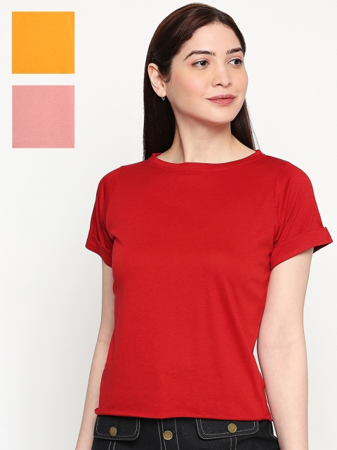 

inocenCia Women Pack of 3 Peach-Coloured & Red Solid Round Neck T-shirt