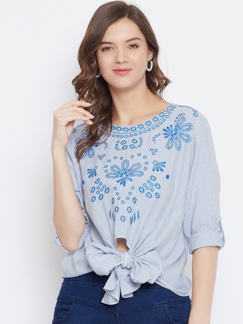 

Baani Creations Blue Floral Embroidered Roll-Up Sleeves Regular Top