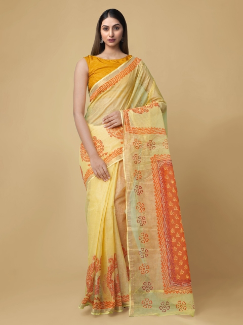 

Unnati Silks Yellow Pure Cotton Hand Block Printed Kota Saree
