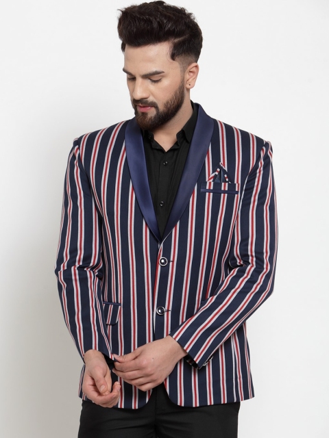 

KLOTTHE Men Blue & White Striped Slim-Fit Tuxedo Party Blazer