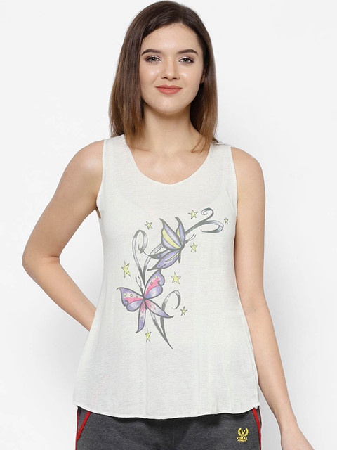 

VIMAL JONNEY Women Cream-Coloured & Grey Printed Night Suit