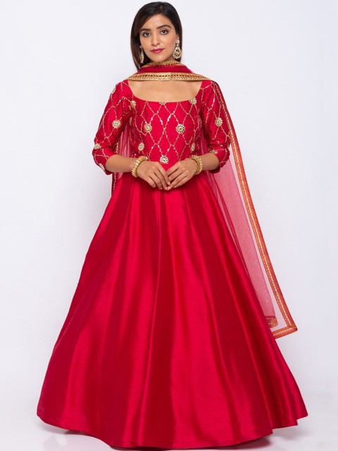 

6Y COLLECTIVE Women Red Embellished Cherry Gotapatti Lattice Anarkali Dress with Dupatta