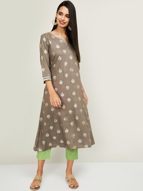 

Melange by Lifestyle Women Grey & Green Printed Kurta with Trousers
