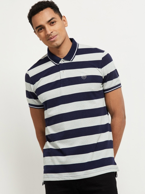 

max Men Navy Blue & Green Striped Polo Collar T-shirt