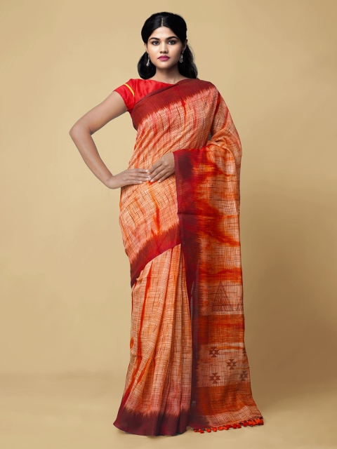 

Unnati Silks Red Pure Silk Printed Handloom Block Print Saree