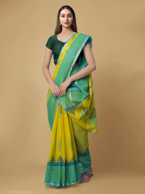 

Unnati Silks Yellow & Green Pure Cotton Hand Block Printed Kota Saree