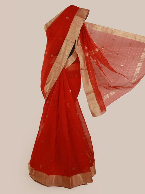 

Pothys Red & Gold-Toned Pure Silk Embellished Kanjeevaram Saree