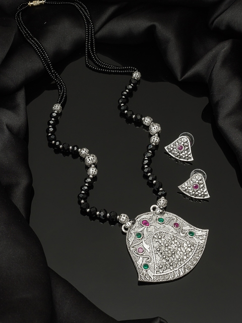 

aadita Oxidized Silver-Toned & Black Stone-Studded Tribal Mangalsutra With Earrings