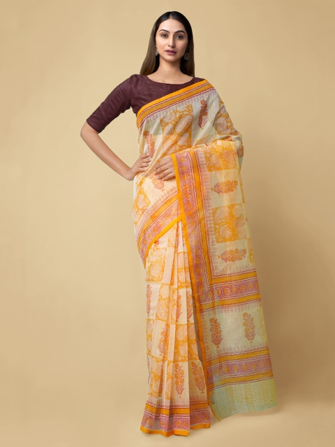 

Unnati Silks Yellow & Cream-Coloured Net Printed Patola Saree