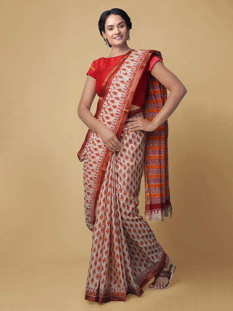 

Unnati Silks Beige Pure Cotton Printed Bagru Saree