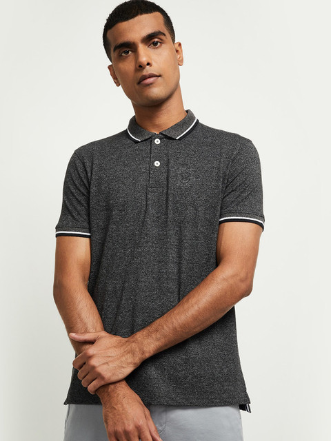 

max Men Charcoal Grey Self Design Mandarin Collar T-shirt