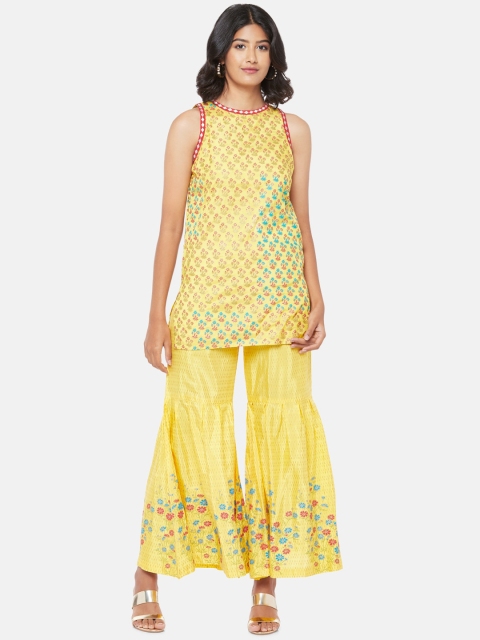

RANGMANCH BY PANTALOONS Women Yellow & Blue Printed Kurti with Sharara