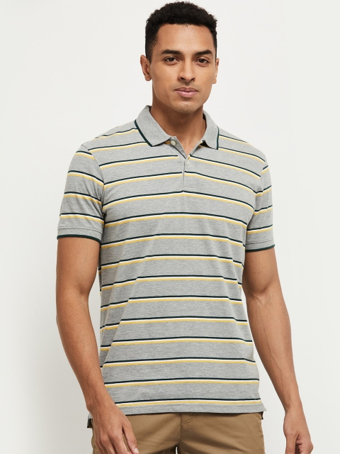 

max Men Grey Striped Polo Collar T-shirt