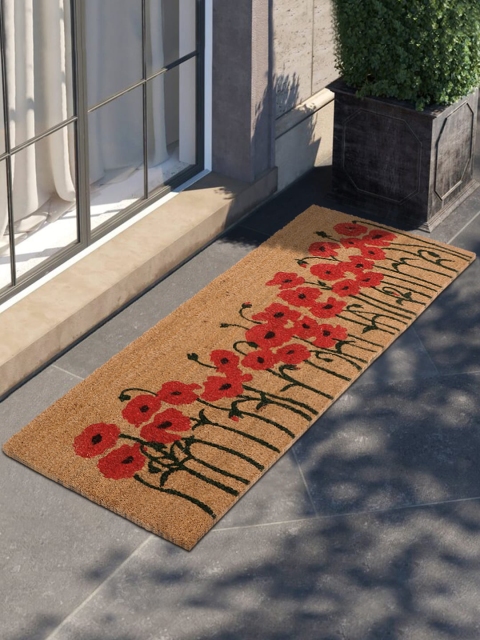 

HOKIPO Brown & Red Floral Printed Rectangular Coconut Coir Anti-Skid Doormat