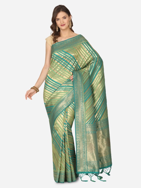 

BOMBAY SELECTIONS Green Silk Blend Striped Banarasi Saree