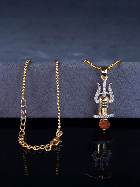 

Dare by Voylla Men Gold-Toned & Silver-Toned CZ Trishul Shivling-Shaped Pendant with Chain
