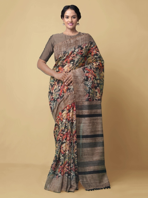 

Unnati Silks Black Pure Silk Floral Printed Block Print Saree