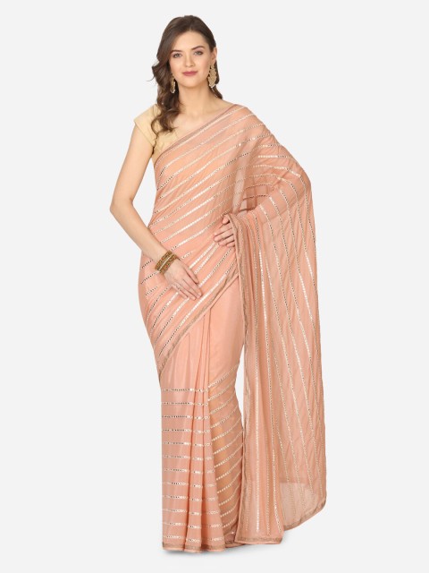 

BOMBAY SELECTIONS Peach-Coloured Striped Poly Crepe Saree