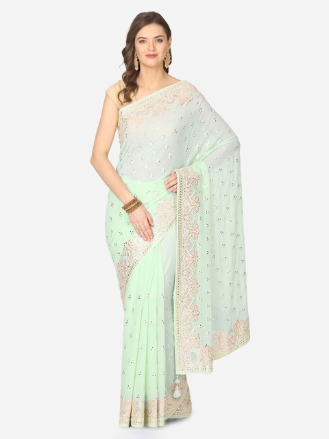 

BOMBAY SELECTIONS Green & Pink Embellished Saree