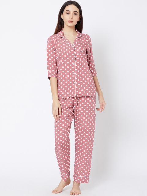 

Sweet Dreams Women Pink & White Polka Dot Printed Night Suit