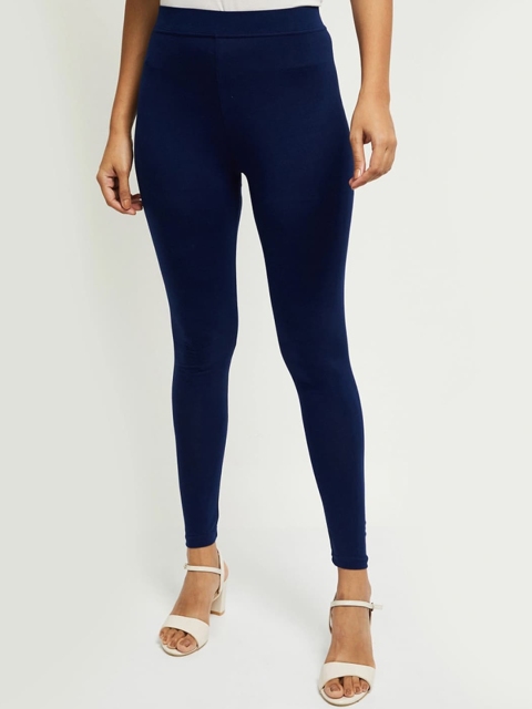 

max Women Navy Blue Solid Ankle-Length Leggings