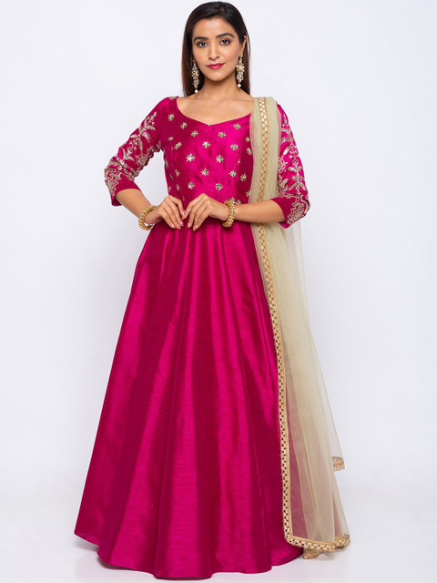 

6Y COLLECTIVE Women Magenta Embellished Maxi Dress With Dupatta