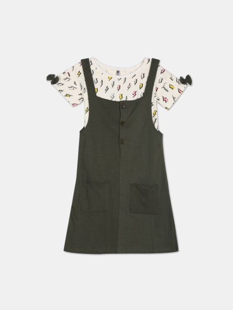 

Cherokee Girls Olive Green Solid Dungarees With T-Shirt