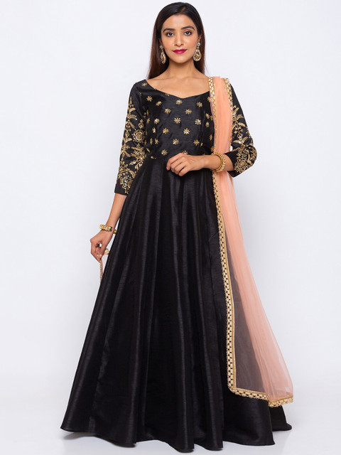 

6Y COLLECTIVE Women Black & Pink Embellished Sequin Foilage Anarkali Dress with Dupatta