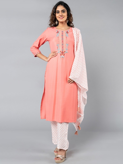 

KLM Fashion Mall Women Pink & White Yoke Design Kurta with Palazzos & Dupatta