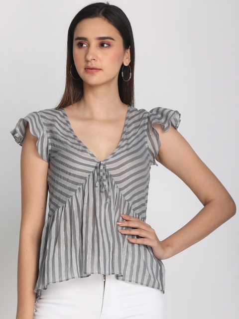 

PReT me Grey Striped Flutter Sleeves Peplum Top