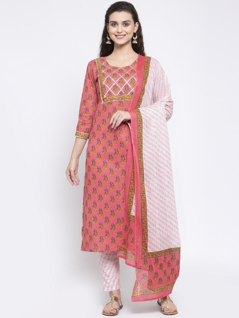 

ANAISA Women Pink & White Printed Cotton Kurta with Trousers & Dupatta