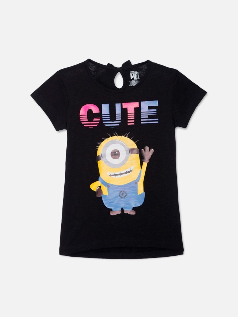 

Kids Ville Girls Black Minions Printed Round Neck T-shirt