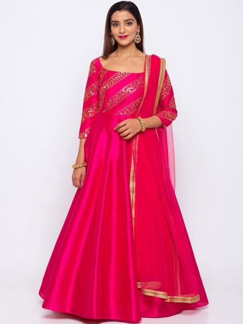 

6Y COLLECTIVE Women Pink Embellished Ethnic Maxi Dress With Dupatta